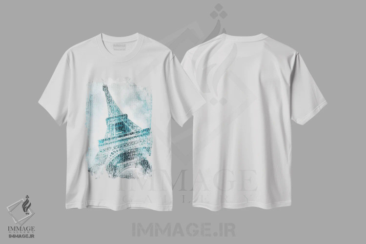 تیشرت سفید طرح دار – تیشرت پاریس ,برج ایفل پاریس با آبرنگ فیروزه ای اثر ملانی ویولا immage.ir