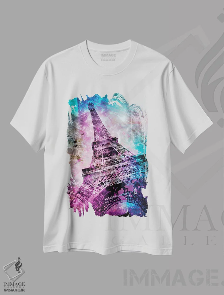 تیشرت سفید طرح دار – تیشرت پاپ آرت ,برج ایفل به سبک پاپ آرت اثر ملانی ویولا فروشگاه ایماژ