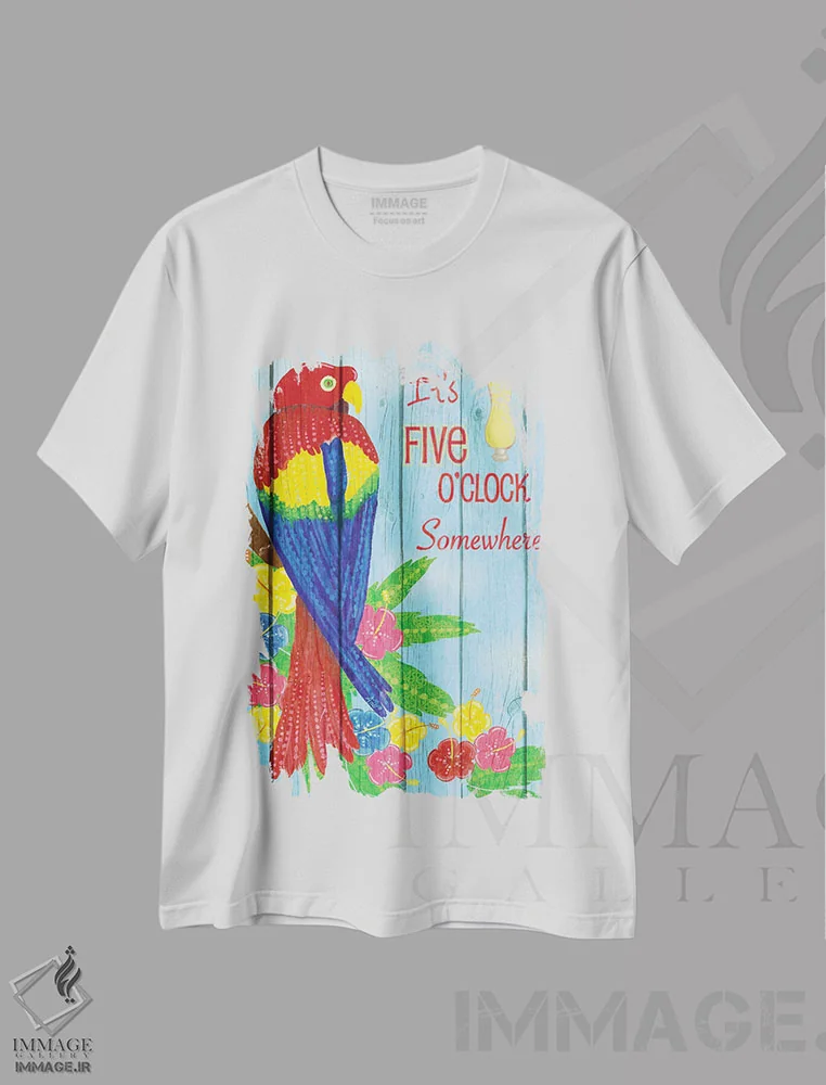 تیشرت سفید طرح دار – تیشرت رنگی ,جشن طوطی ها اثر اندی متز فروشگاه ایماژ