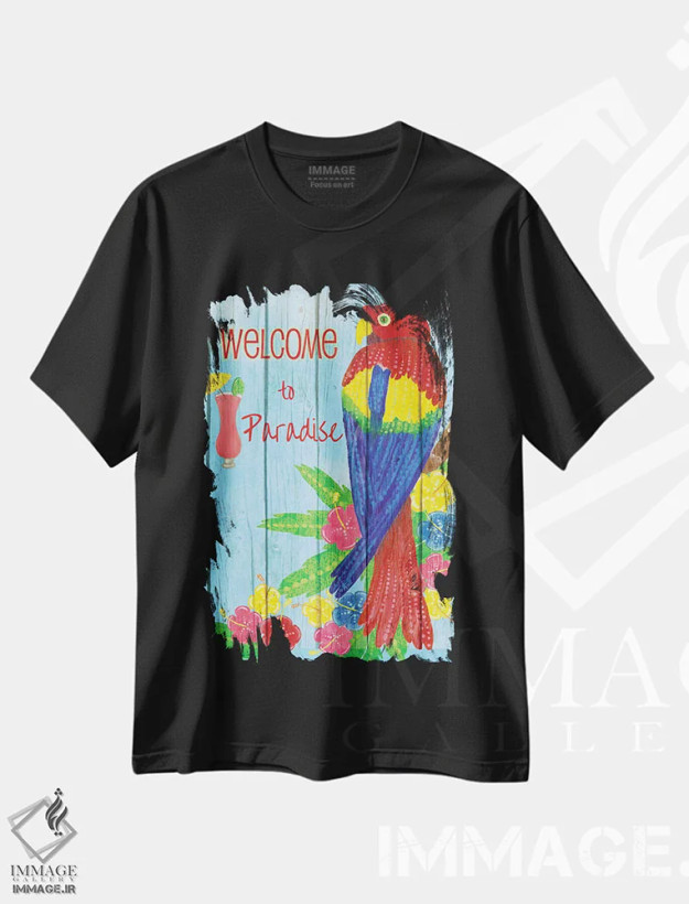 تیشرت مشکی طرح دار – تیشرت رنگی ,جشن طوطی ها اثر اندی متز فروشگاه ایماژ