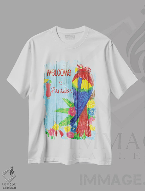 تیشرت سفید طرح دار – تیشرت رنگی ,جشن طوطی ها اثر اندی متز immage.ir