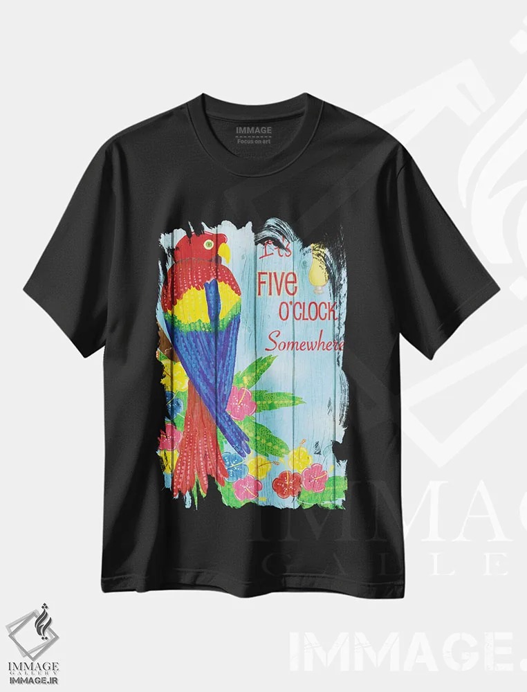 تیشرت مشکی طرح دار – تیشرت رنگی ,جشن طوطی ها اثر اندی متز immage.ir