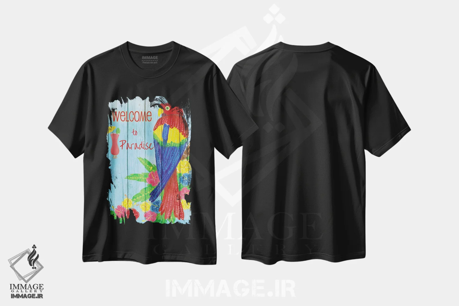 تیشرت مشکی طرح دار – تیشرت رنگی ,جشن طوطی ها اثر اندی متز فروشگاه ایماژ