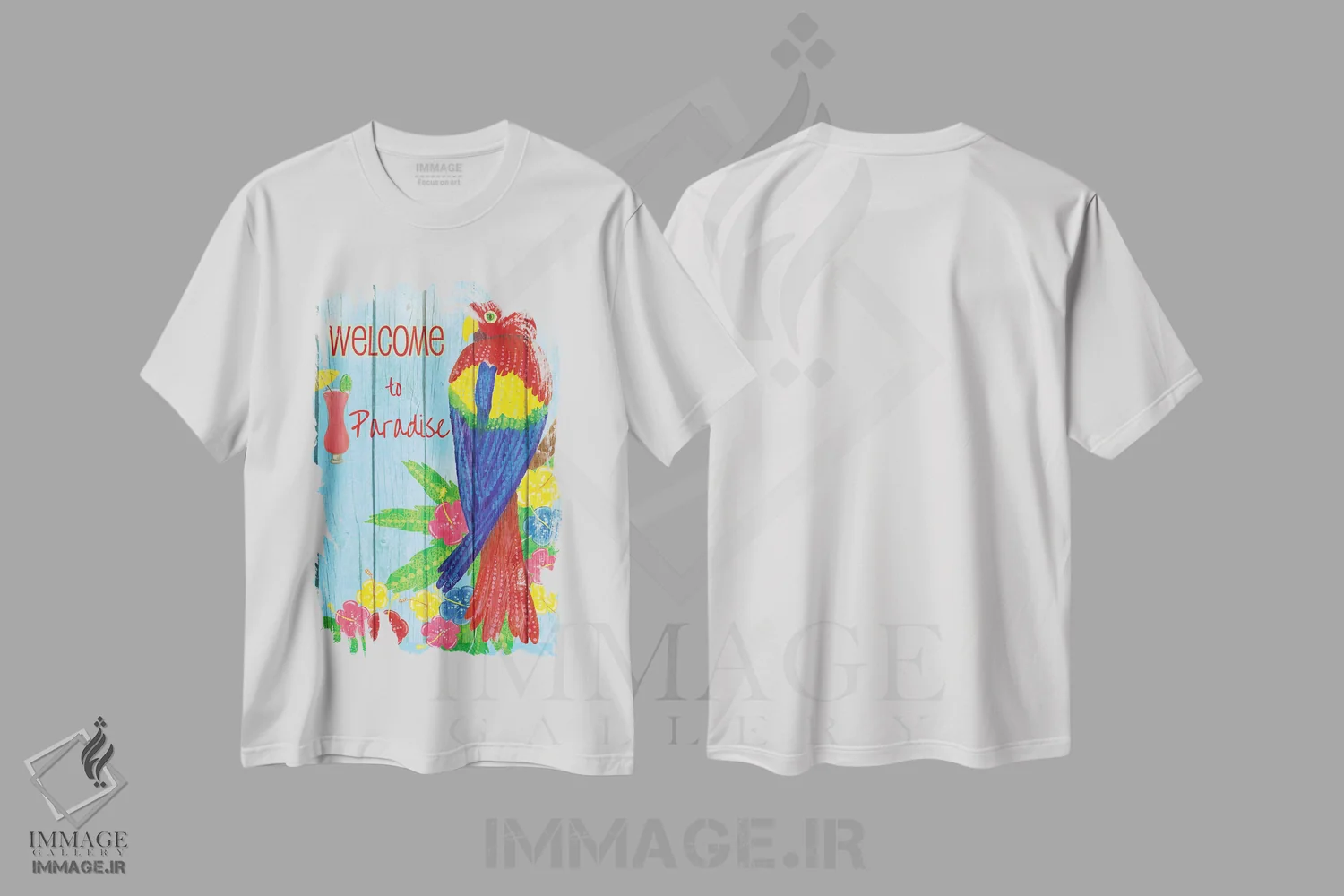 تیشرت سفید طرح دار – تیشرت رنگی ,جشن طوطی ها اثر اندی متز immage.ir