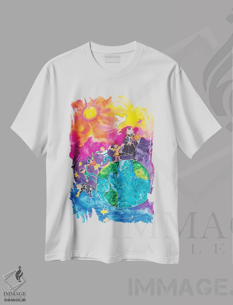 تیشرت سفید طرح دار – تیشرت معنوی ,صلح در سراسر جهان اثر میشل پالور فلدمن immage.ir