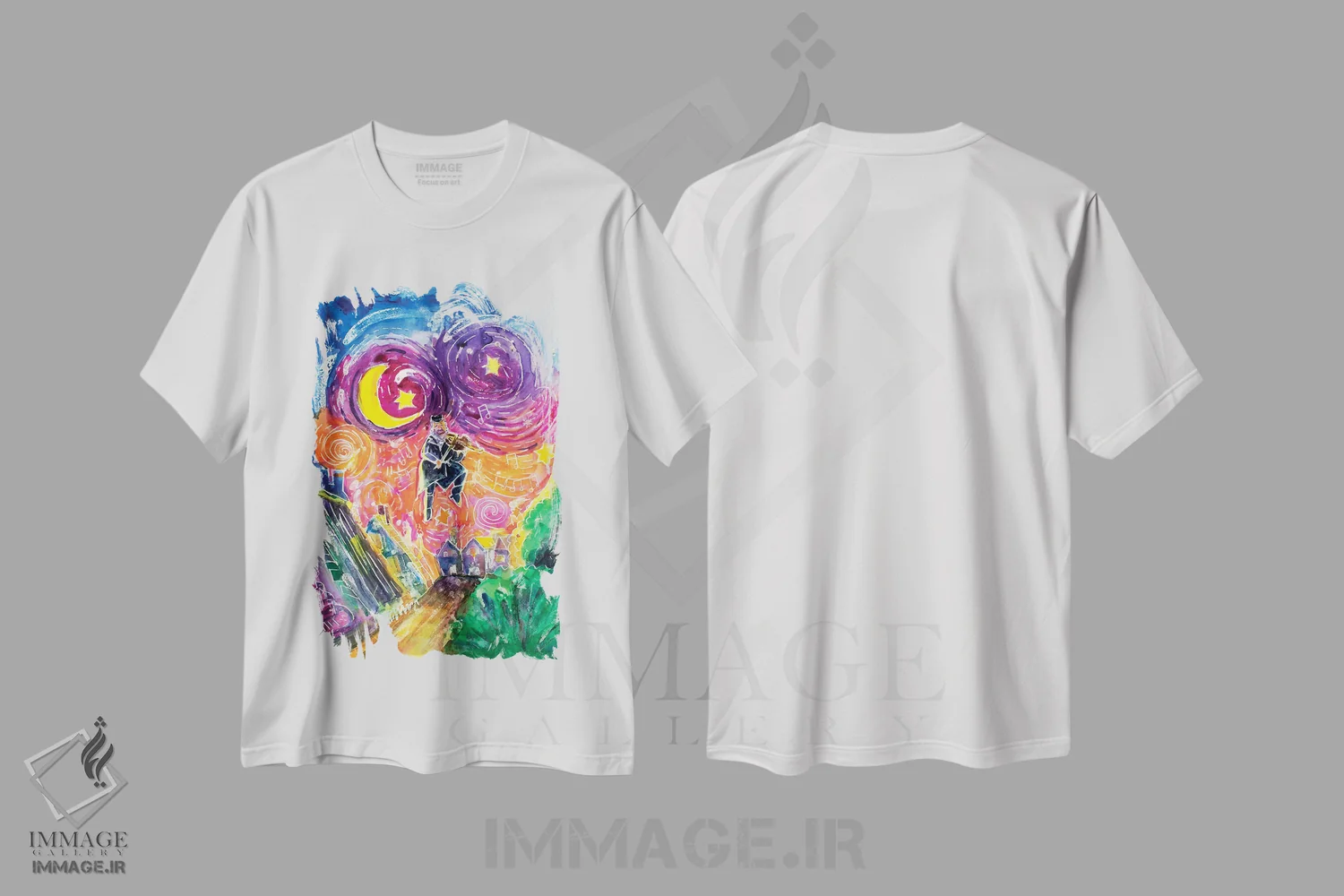 تیشرت سفید طرح دار – تیشرت موسیقی ,ویولن زن اثر میشل پالور فلدمن فروشگاه ایماژ