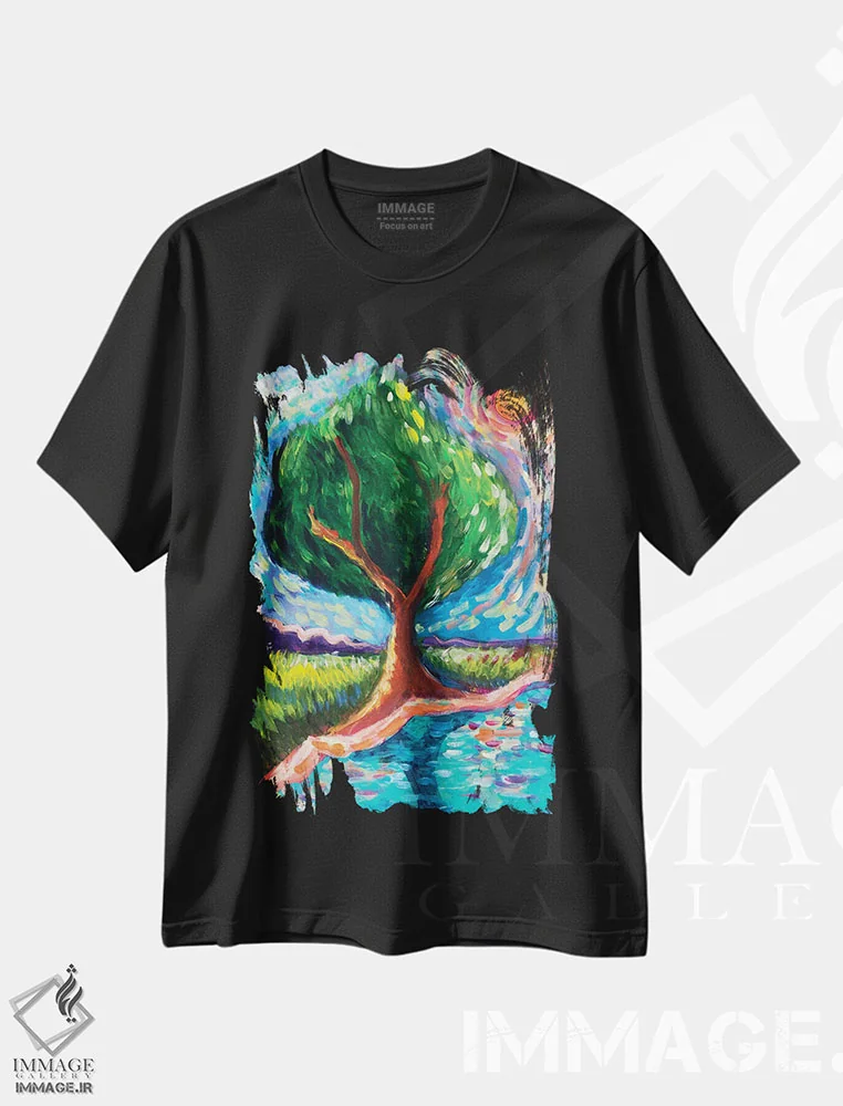 تیشرت مشکی طرح دار – تیشرت هنری ,درخت زندگی ون گوگ اثر میشل پالور فلدمن immage.ir