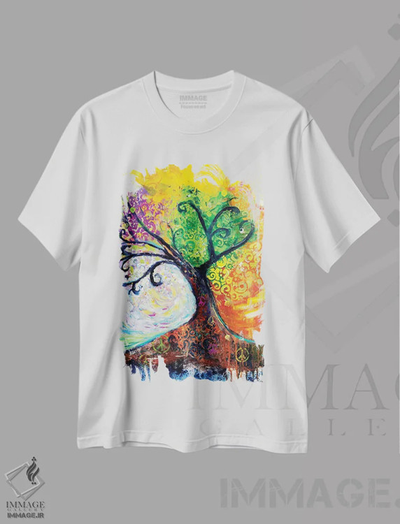 تیشرت سفید طرح دار – تیشرت طبیعت ,درخت زندگی بانیان اثر میشل پالور فلدمن فروشگاه ایماژ