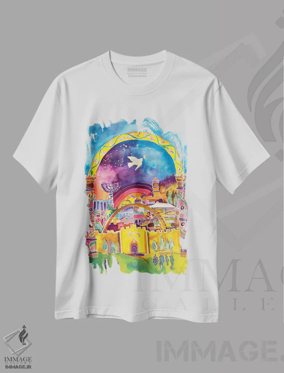 تیشرت سفید طرح دار – تیشرت هنری ,شهر صلح اثر میشل پالور فلدمن فروشگاه ایماژ