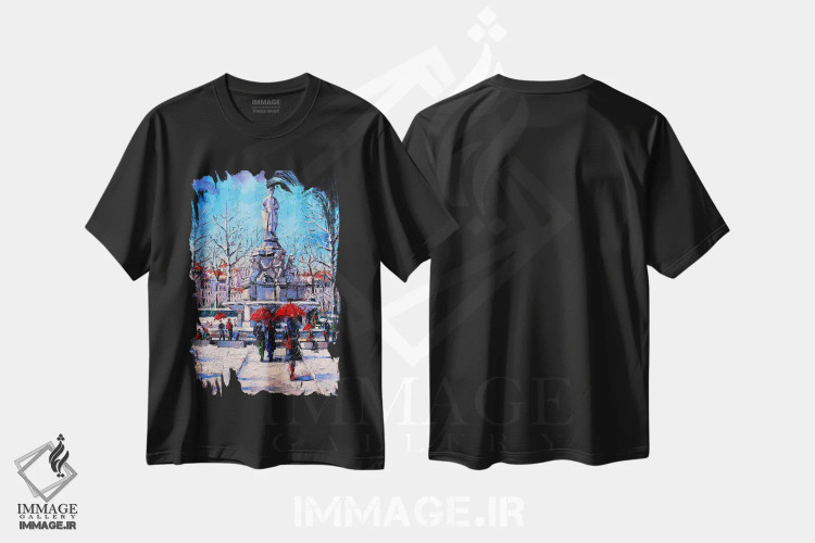 تیشرت مشکی طرح دار – تیشرت هنری شهری ,صحنه زمستانی شهر اثر مونا ادولسکو فروشگاه ایماژ