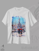 تیشرت سفید طرح دار – تیشرت هنری شهری ,صحنه زمستانی شهر اثر مونا ادولسکو immage.ir