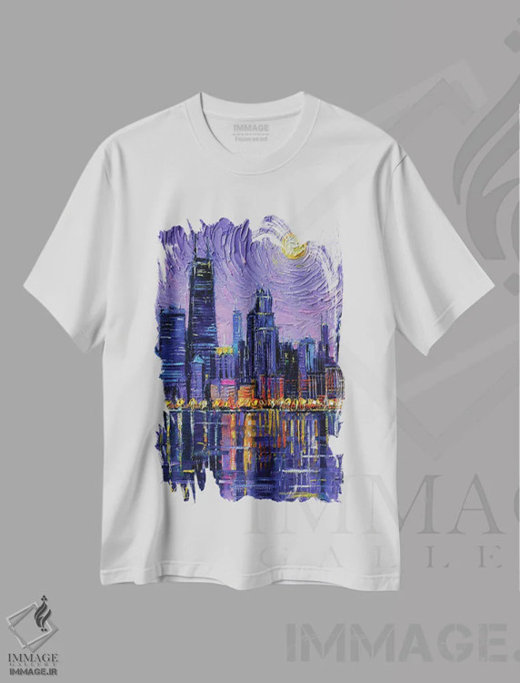 تیشرت سفید طرح دار – تیشرت هنری ,افق شیکاگو اثر مونا ادولسکو فروشگاه ایماژ