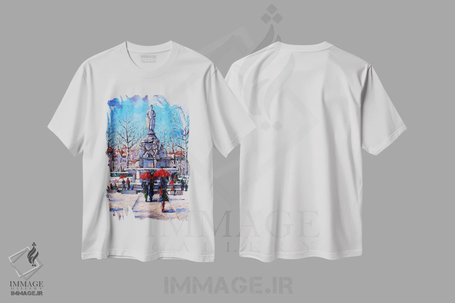 تیشرت سفید طرح دار – تیشرت هنری شهری ,صحنه زمستانی شهر اثر مونا ادولسکو immage.ir