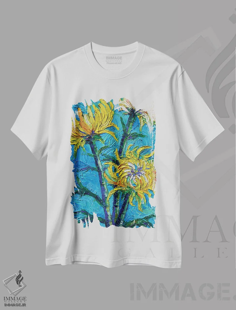 تیشرت سفید طرح دار – تیشرت هنری ,دسته گل داوودی اثر مونا ادولسکو immage.ir