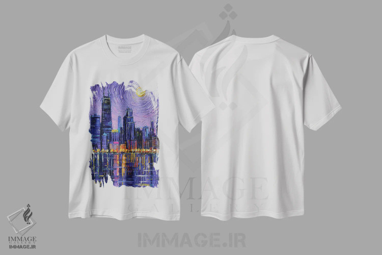 تیشرت سفید طرح دار – تیشرت هنری ,افق شیکاگو اثر مونا ادولسکو فروشگاه ایماژ