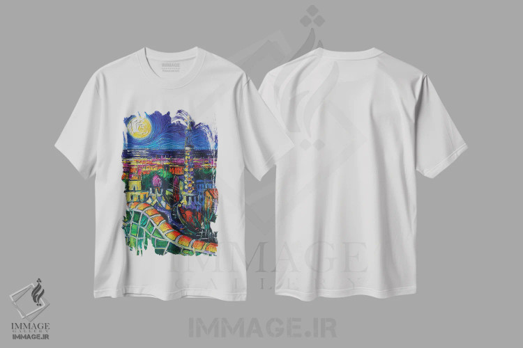 تیشرت سفید طرح دار – تیشرت هنری ,منظره شبانه بارسلون اثر مونا ادولسکو immage.ir