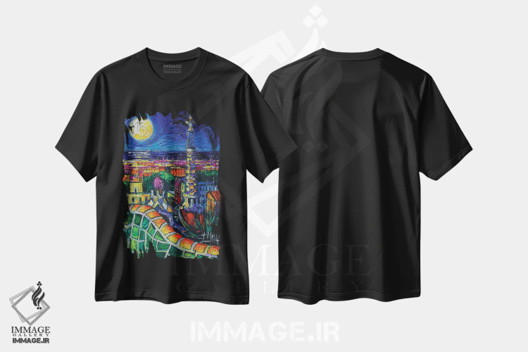 تیشرت مشکی طرح دار – تیشرت هنری ,منظره شبانه بارسلون اثر مونا ادولسکو فروشگاه ایماژ