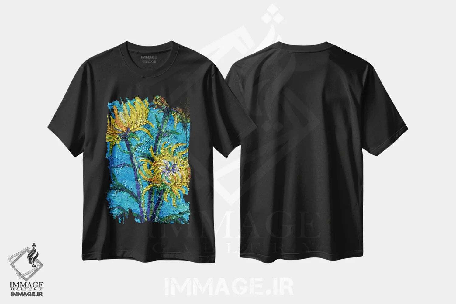 تیشرت مشکی طرح دار – تیشرت هنری ,دسته گل داوودی اثر مونا ادولسکو فروشگاه ایماژ