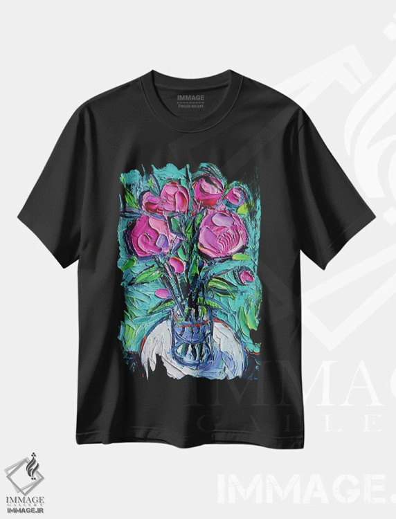 تیشرت مشکی طرح دار – تیشرت هنری ,گل صدتومانی انتزاعی روی میز سفید اثر مونا ادولسکو فروشگاه ایماژ