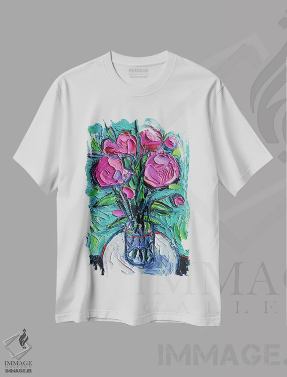 تیشرت سفید طرح دار – تیشرت هنری ,گل صدتومانی انتزاعی روی میز سفید اثر مونا ادولسکو immage.ir