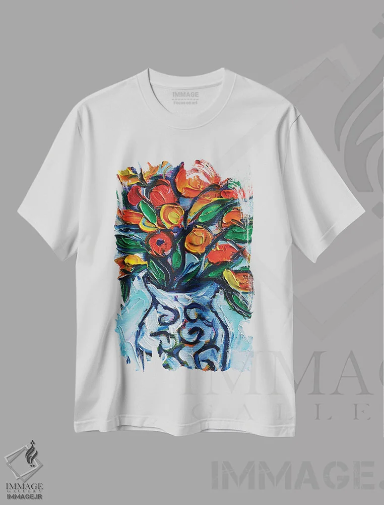 تیشرت سفید طرح دار – تیشرت هنری ,گل های نارنجی انتزاعی در گلدان سفید اثر مونا ادولسکو فروشگاه ایماژ