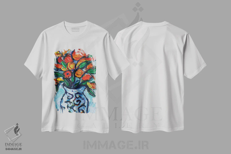 تیشرت سفید طرح دار – تیشرت هنری ,گل های نارنجی انتزاعی در گلدان سفید اثر مونا ادولسکو فروشگاه ایماژ