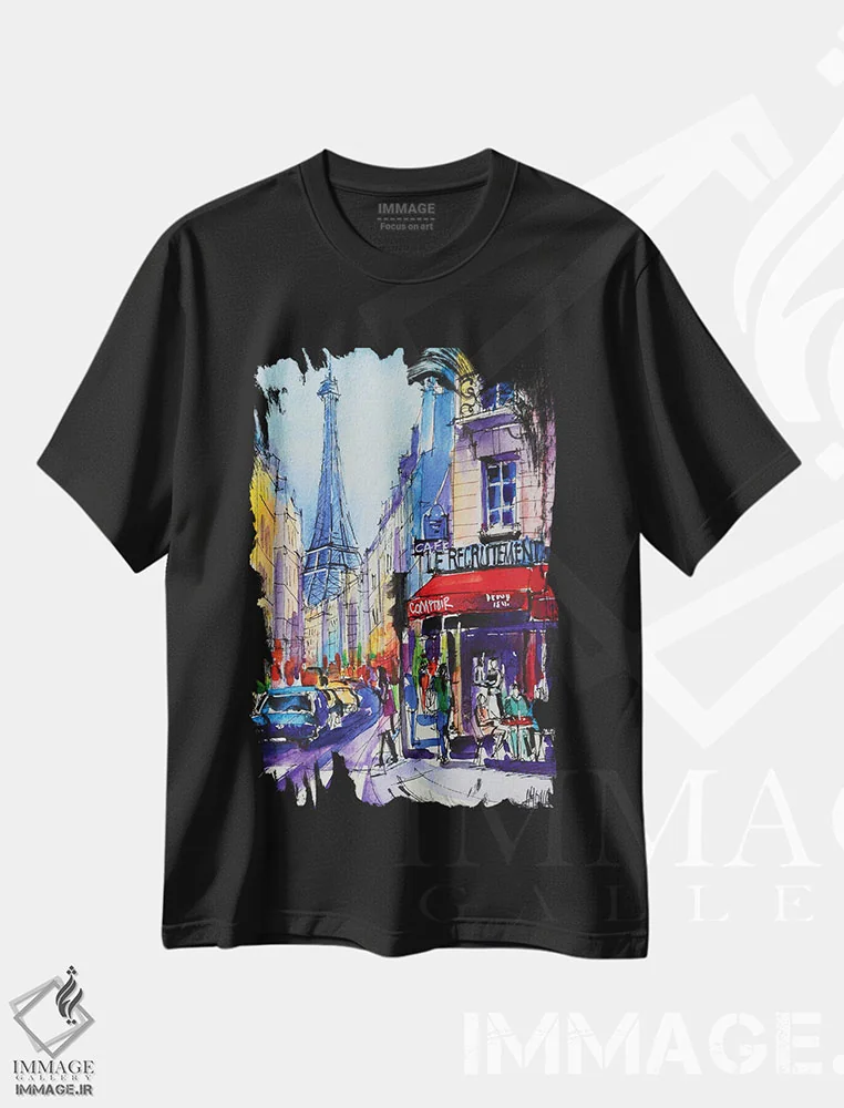 تیشرت مشکی طرح دار – تیشرت هنری ,خیابان سن دومینیک پاریس اثر مونا ادولسکو immage.ir