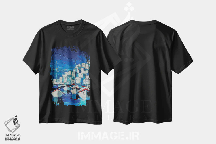تیشرت مشکی طرح دار – تیشرت هنری ,بندر یونانی اثر مونا ادولسکو فروشگاه ایماژ