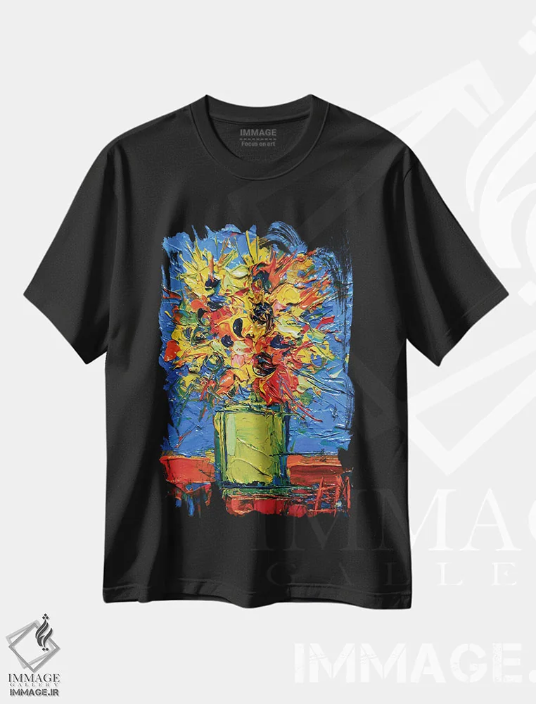 تیشرت مشکی طرح دار – تیشرت هنری ,دسته گل مینیاتوری انتزاعی اثر مونا ادولسکو فروشگاه ایماژ