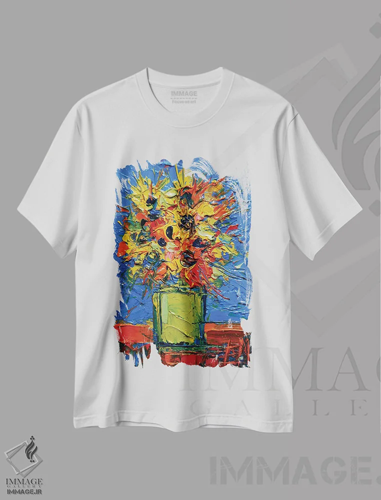 تیشرت سفید طرح دار – تیشرت هنری ,دسته گل مینیاتوری انتزاعی اثر مونا ادولسکو immage.ir