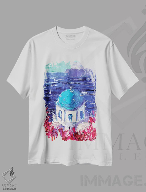تیشرت سفید طرح دار – تیشرت هنری ,گنبد کلیسای سانتورینی اثر مونا ادولسکو فروشگاه ایماژ