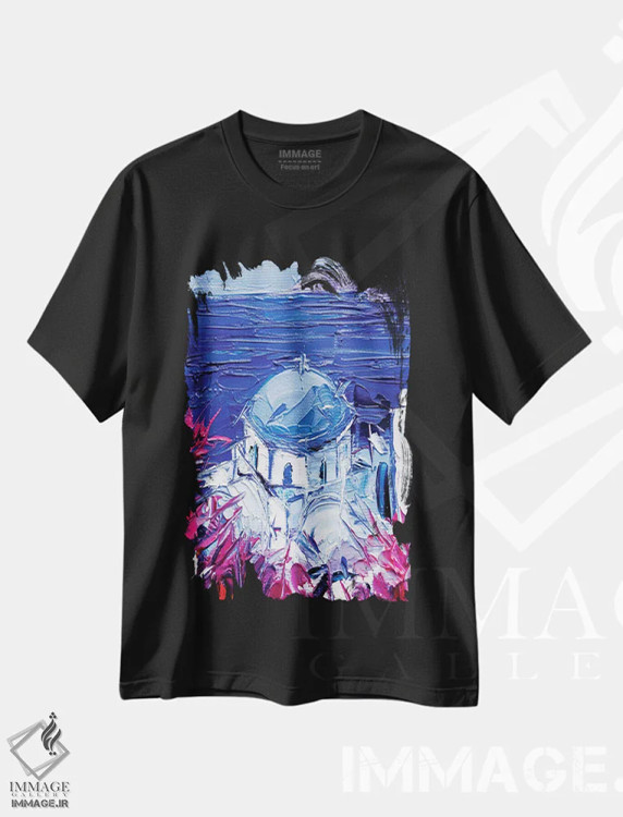تیشرت مشکی طرح دار – تیشرت معماری ,نمای کلیسای سانتورینی اثر مونا ادولسکو فروشگاه ایماژ