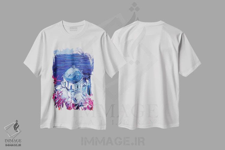 تیشرت سفید طرح دار – تیشرت معماری ,نمای کلیسای سانتورینی اثر مونا ادولسکو immage.ir