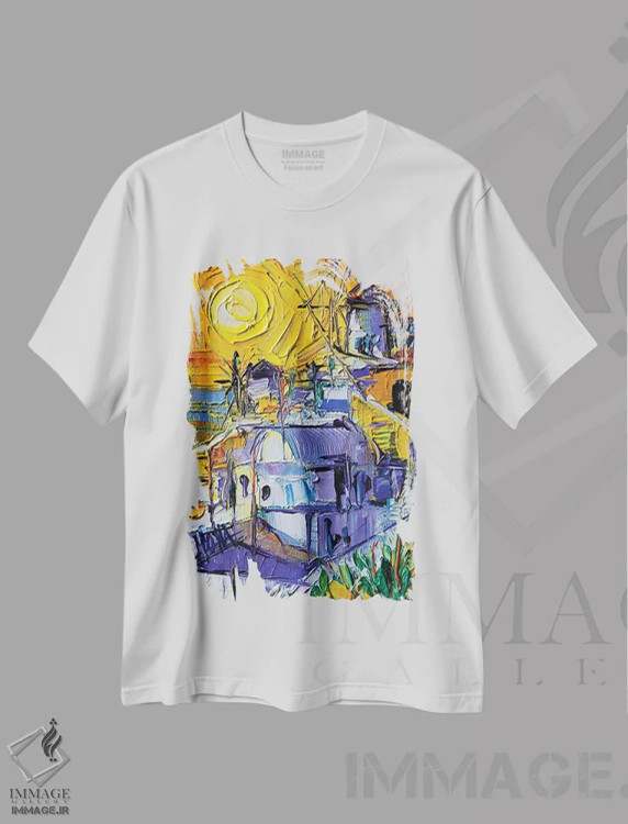 تیشرت سفید طرح دار – تیشرت ساحلی ,نور غروب در اویا اثر مونا ادولسکو فروشگاه ایماژ