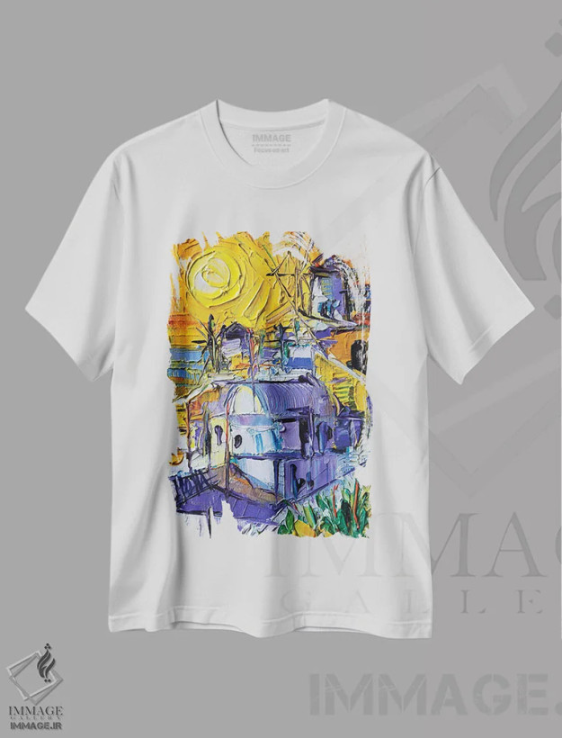 تیشرت سفید طرح دار – تیشرت ساحلی ,نور غروب در اویا اثر مونا ادولسکو فروشگاه ایماژ