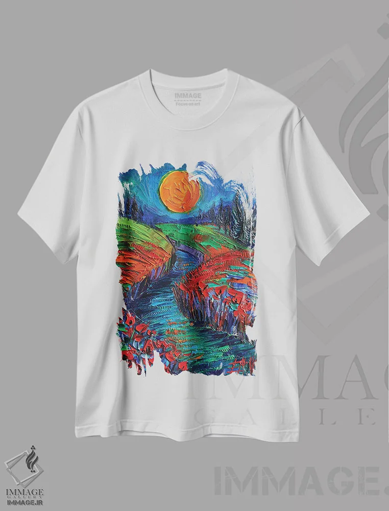 تیشرت سفید طرح دار – تیشرت طبیعت ,ابرماه و شقایق ها اثر مونا ادولسکو immage.ir