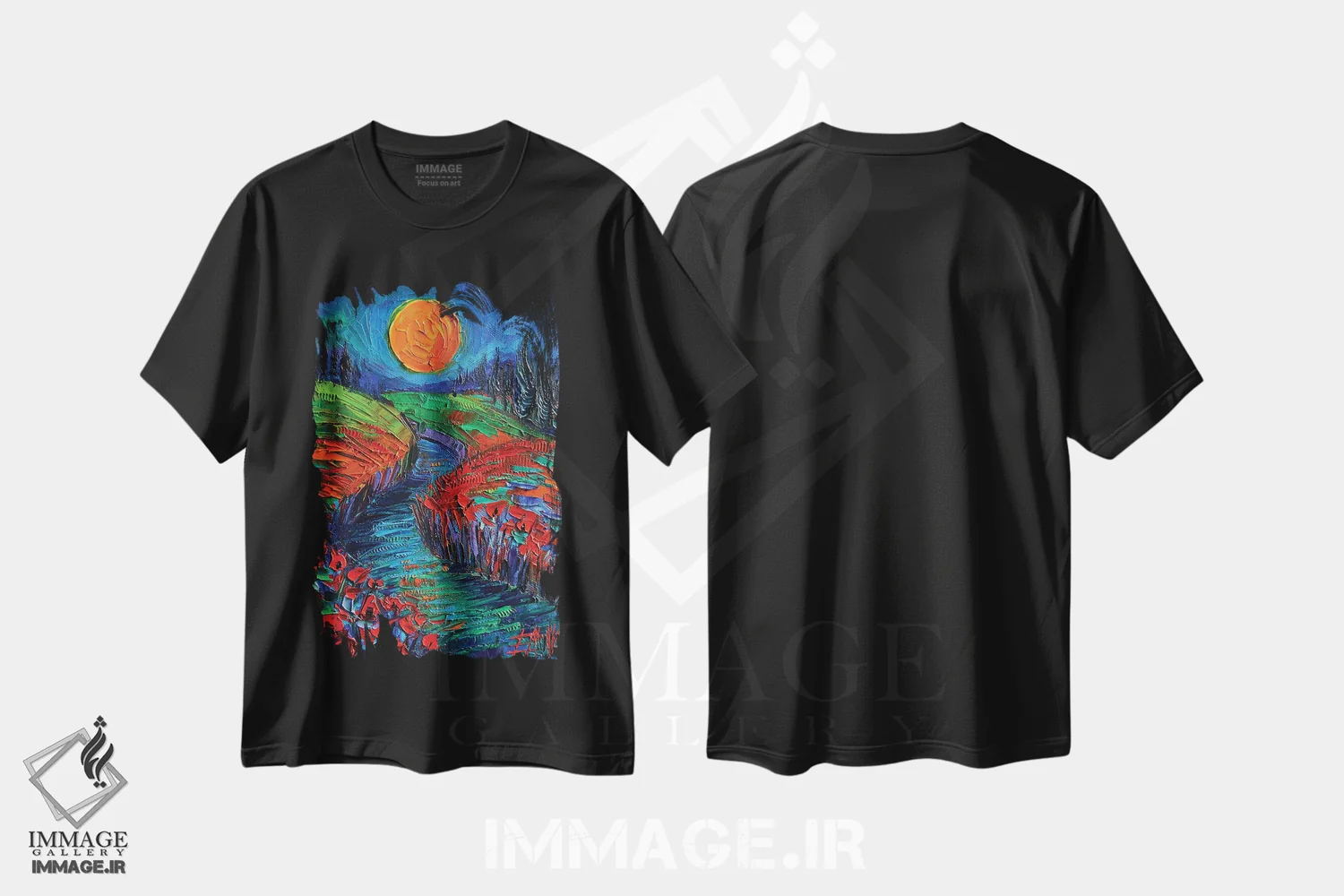 تیشرت مشکی طرح دار – تیشرت طبیعت ,ابرماه و شقایق ها اثر مونا ادولسکو فروشگاه ایماژ