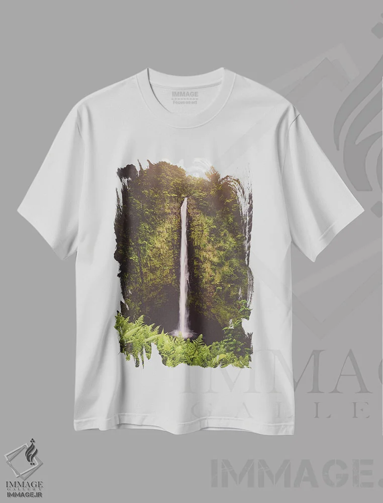 تیشرت سفید طرح دار – تیشرت طبیعت ,آبشار جزیره گرمسیری، آبشار آکاکا هاوایی اثر نیچر مجیک فروشگاه ایماژ