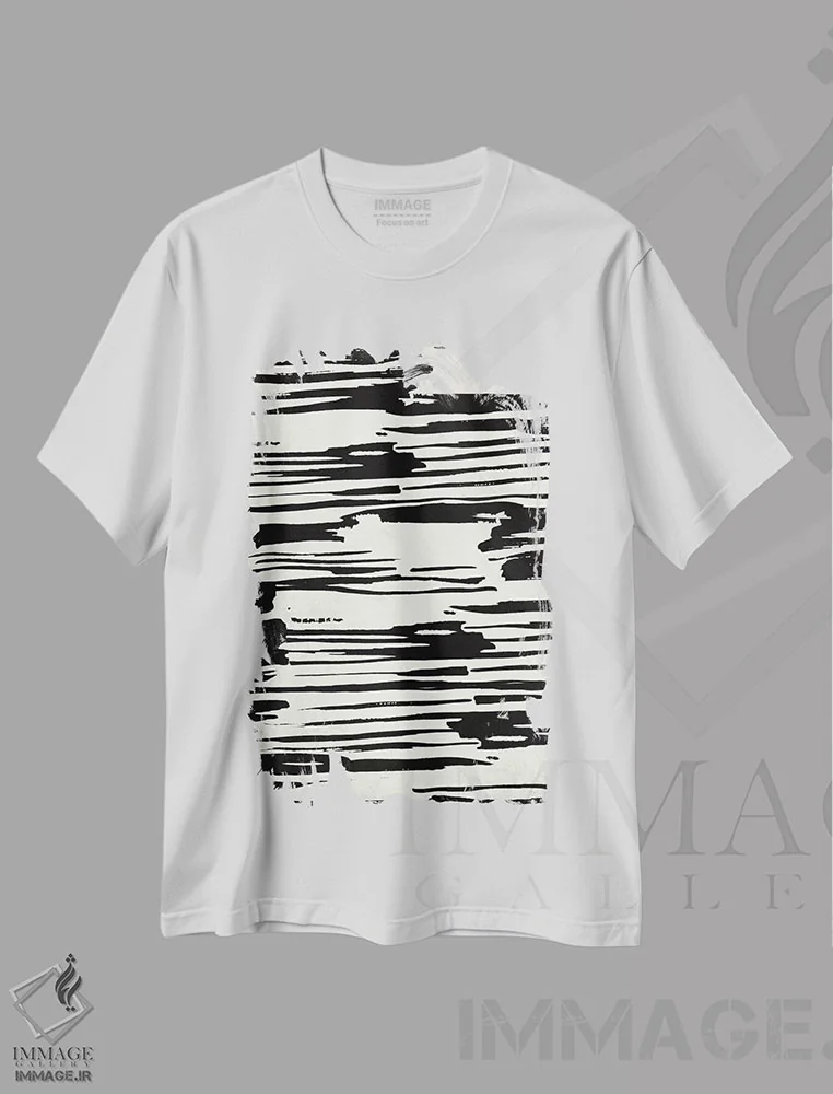 تیشرت سفید طرح دار – تیشرت انتزاعی ,کرم استخوان راه راه قبیله ای اثر نیچر مجیک immage.ir