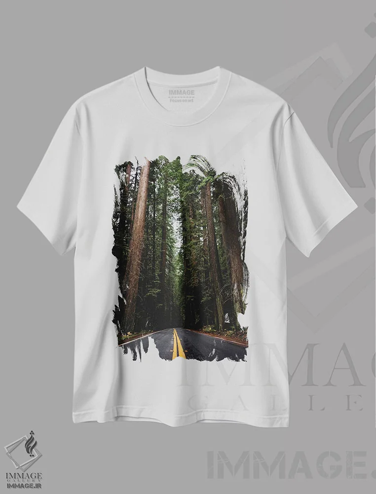 تیشرت سفید طرح دار – تیشرت طبیعت ,جاده جنگلی، پارک ملی ردوود، کالیفرنیا اثر نیچر مجیک immage.ir