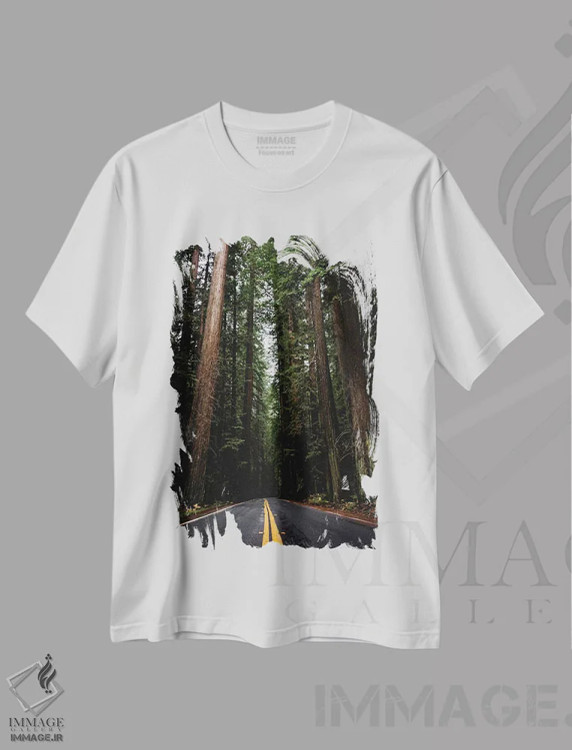 تیشرت سفید طرح دار – تیشرت طبیعت ,جاده جنگلی، پارک ملی ردوود، کالیفرنیا اثر نیچر مجیک immage.ir