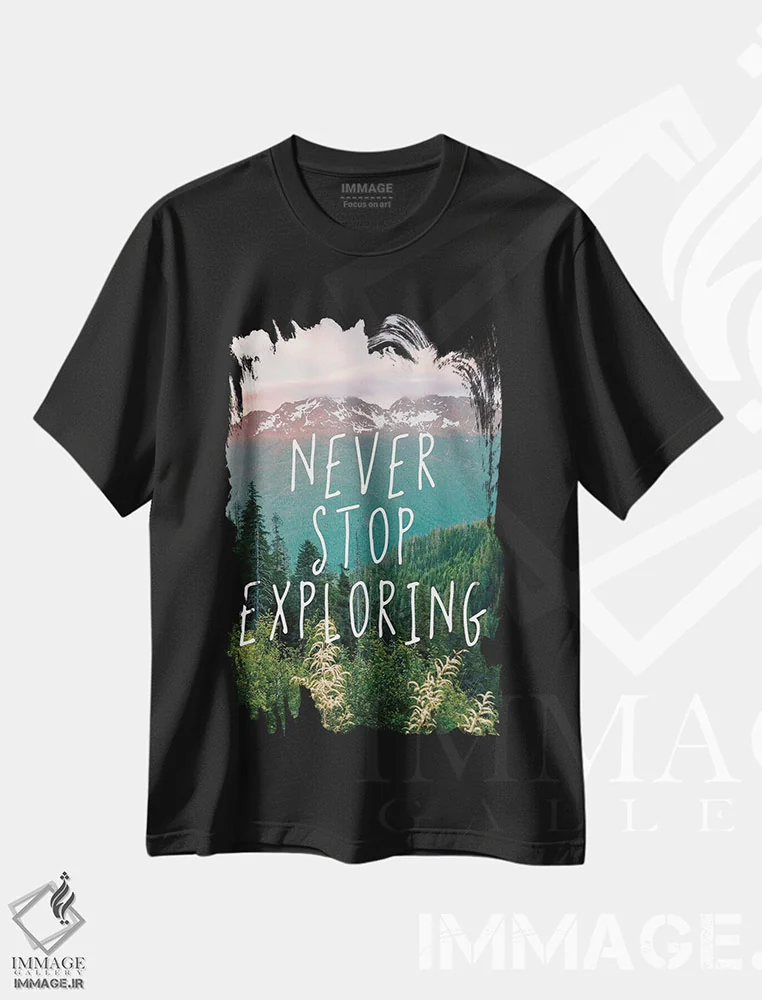 تیشرت مشکی طرح دار – تیشرت انگیزشی ,ماجراجویی را هرگز متوقف نکن اثر نیچر مجیک immage.ir