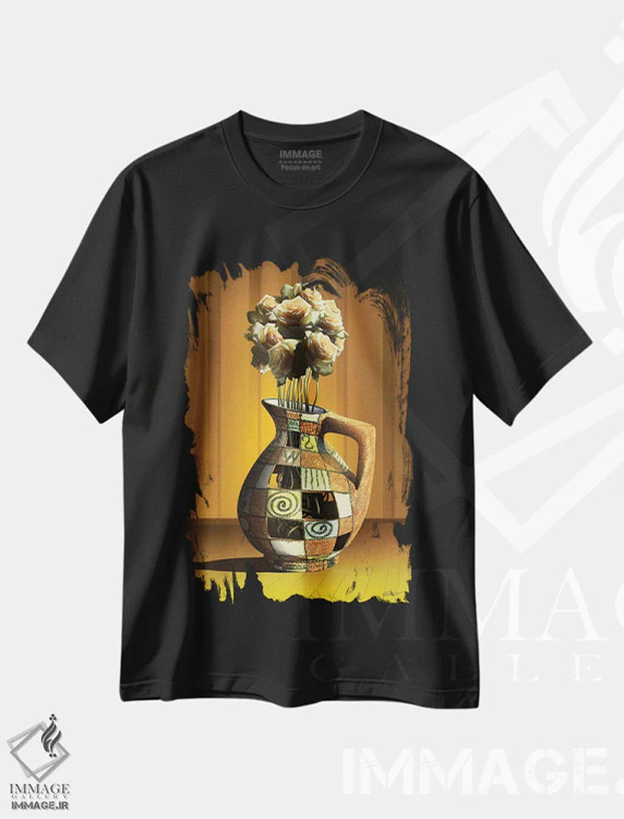 تیشرت مشکی طرح دار – تیشرت هنری ,گلدان گل رز اثر مارسل کارام فروشگاه ایماژ