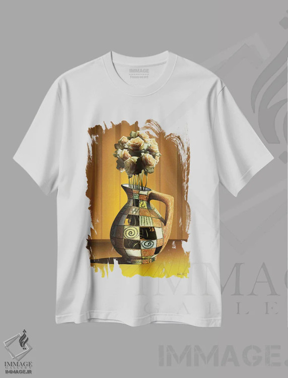 تیشرت سفید طرح دار – تیشرت هنری ,گلدان گل رز اثر مارسل کارام immage.ir