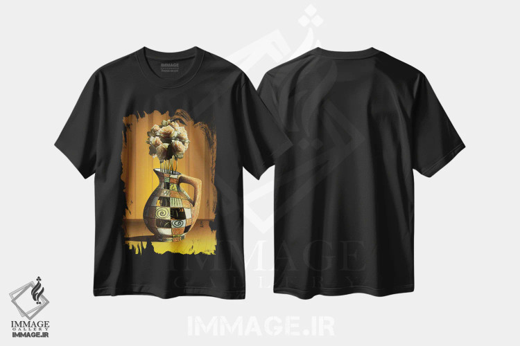 تیشرت مشکی طرح دار – تیشرت هنری ,گلدان گل رز اثر مارسل کارام فروشگاه ایماژ