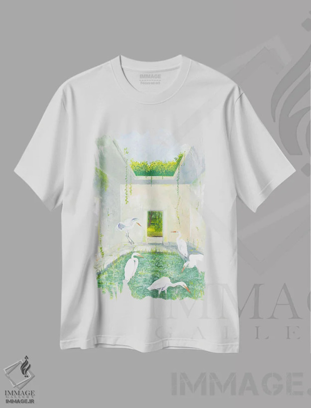 تیشرت سفید طرح دار – تیشرت طبیعت ,حواصیل های بزرگ اثر میری اشت فروشگاه ایماژ