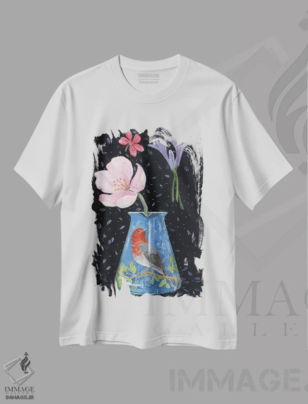 تیشرت سفید طرح دار – تیشرت طبیعت ,گلدان آبی با سینه سرخ اثر میری اشت فروشگاه ایماژ