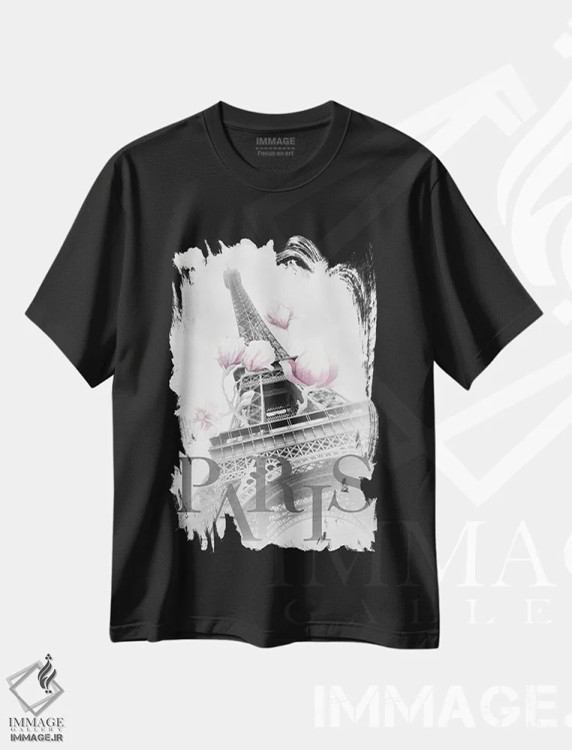 تیشرت مشکی طرح دار – تیشرت عکاسی ,مگنولیاهای پاریس و برج ایفل اثر ملانی ویولا immage.ir