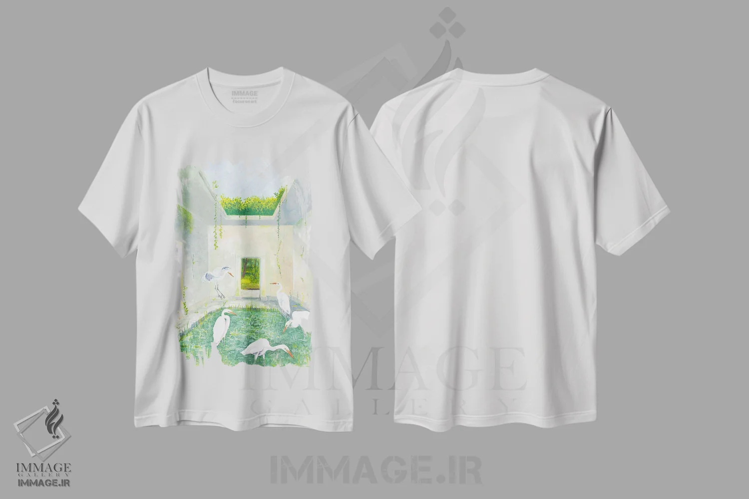 تیشرت سفید طرح دار – تیشرت طبیعت ,حواصیل های بزرگ اثر میری اشت فروشگاه ایماژ