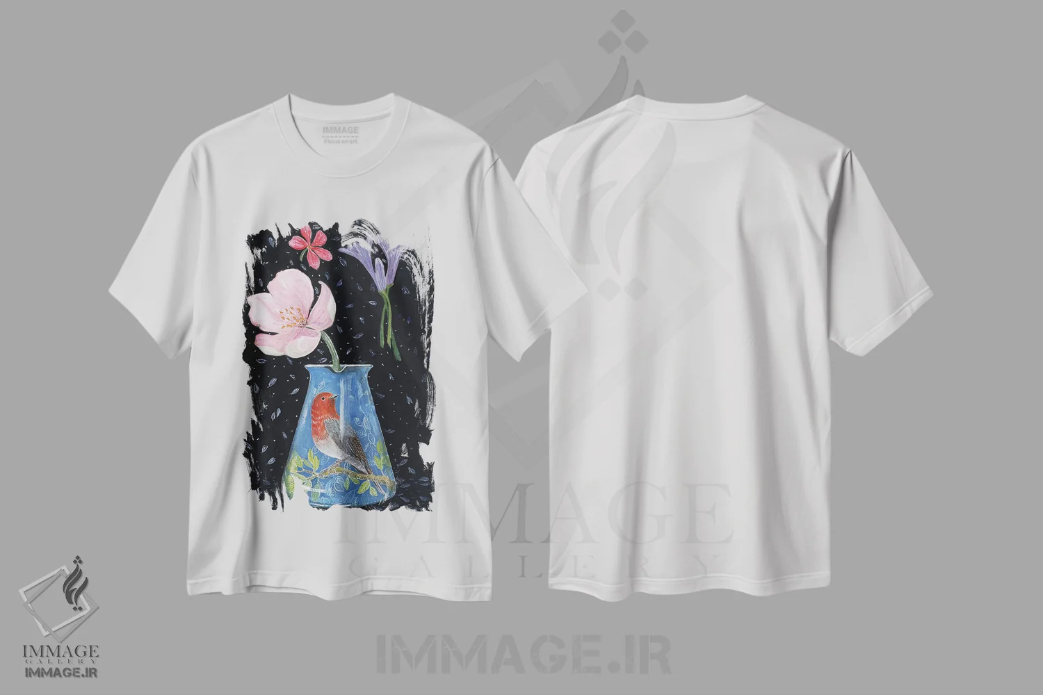 تیشرت سفید طرح دار – تیشرت طبیعت ,گلدان آبی با سینه سرخ اثر میری اشت فروشگاه ایماژ